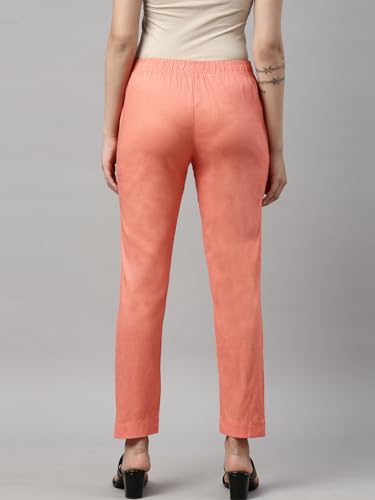 Image of MINELLI Women Solid Cigar Pants, Cotton Lycra Slub Fabric, Elasticated Waistband, Pull On Style, Regular Fit Bottom Wear for Western and Ethnic Wear