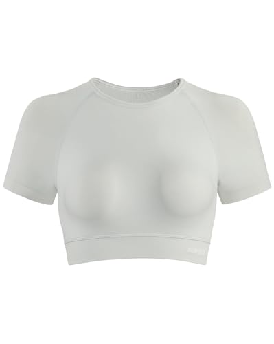 Image of AUROLA Influence Women Crop Top Short Sleeve Compression Workout T-Shirt | Raglan Short Sleeve Crop Top, High-Stretch Seamless Knit, Stay-Put Ribbed Underband, Soft Breathable Comfort
