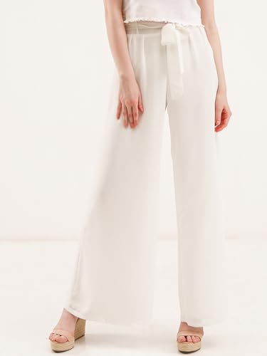 Women's Chiffon Work Beach Wide Leg Palazzo Pants Elastic Waist Trouser tie4