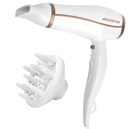 Aigostar Secador de Pelo 2200W Iónico, Profesional para Cabello Sin Friz, 2 Velocidades & 3 Temperaturas + Aire Frío, Secadar Mango Plegable, Incluye Difusor y Boquilla Concentradora, Blanco