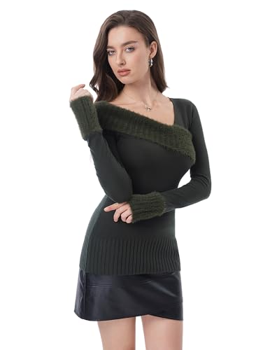 AmélieBoutik Women Asymmetric Neckline Faux Fur Trim Long Sleeve Fashion Casual Tunic Sweater Tops4