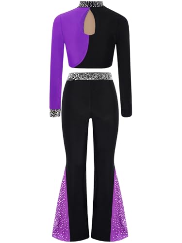 Girls Glitter Rhinestone Crop Top and Bell Bottom Pants Athletic Gymnastics Workout Jazz Dance Outfit2
