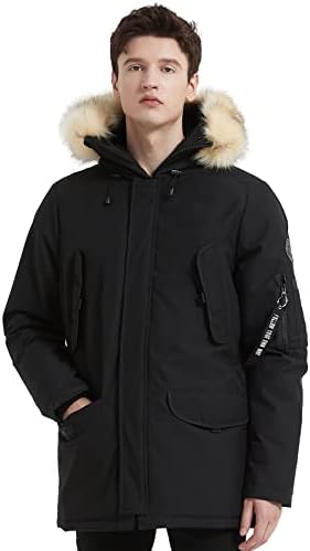 PUREMSX Heavy Parka Jacket for Men, Winter Ski Thicken Jacket Coat, Fur Hood Snowboarding Hiking Down Jacket, Windproof Insulated Parkas Coat, New Year Gift for Men,Black,Large