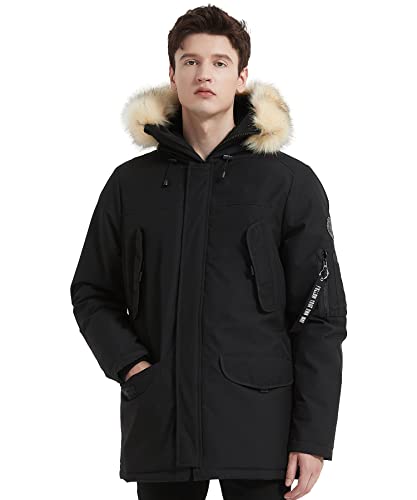 Puremsx Heavy Parka Jacket For Men, Winter Ski Thicken Jacket Coat, Fur Hood Snowboarding Hiking Down Jacket, Windproof Insulated Parkas Coat, New Year Gift For Men,Black,Large #TOP29