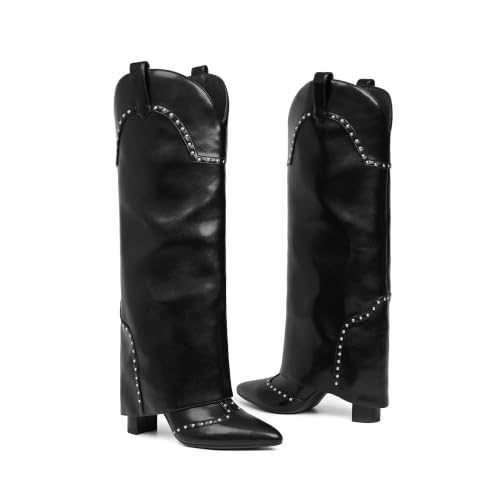 Image of Knee High Boots Women Fold Over Boots Chunky Heel Pointed Toe Tall Boots | Fashion Slouchy Boots,Side Zipper Shark Boots,Fall Spring Winter Fashion Dress Tall Boots,Evening Bridal office Long Boots