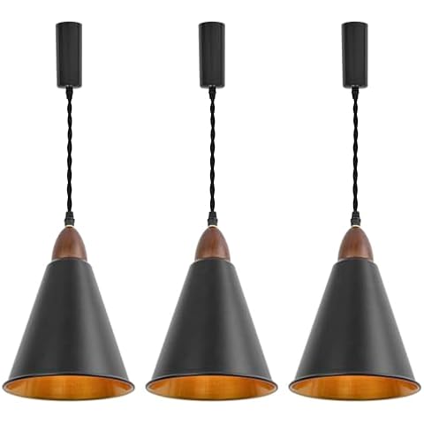 KAYYELAMP H-Type Track Lamp E26 Walnut Base Black Outer Gold Inner Cone Shade 3.2 Ft Adjusted Cord Vintage Track Pendant Light for Home Kitchen Farmhouse Set Three(No Bulb, Track) Cover