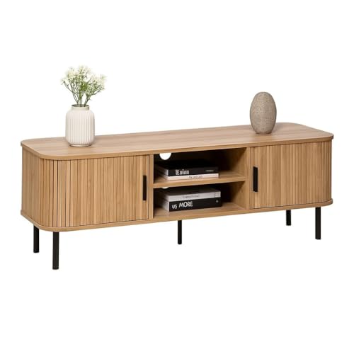 Meuble TV Bois Clair avec Portes Coulissantes – Design Industriel et Élégant – pour Télévision Jusqu’à 140 cm – Rangement Salon Fonctionnel – Meuble...