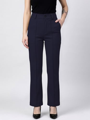Image of Women's High Waist Formal Straight Fit Trousers Premium Stretch Office Pants Front Pleated Design Smart Workwear Bottom for Office, Casual & Business Wear