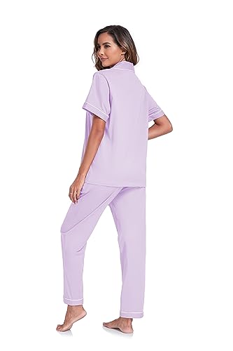 Image of COLORFULLEAF Women's 100% Cotton Pajamas Set Button Down Sleepwear Short Sleeve Shirt and Long Pants Soft Ladies Lounge Sets