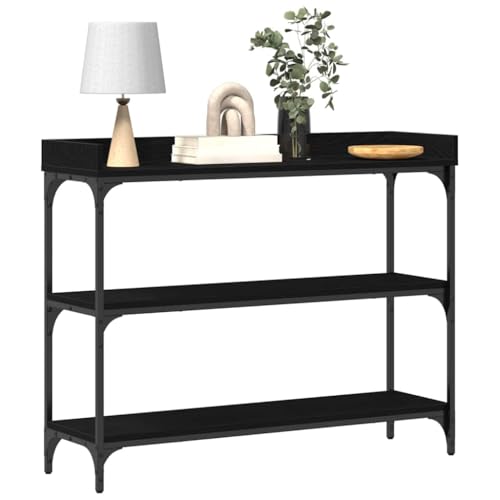 Mesa consola con estante negro efecto roble y estructura de acero resistente 4