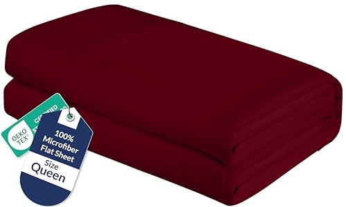 Image of Royale Linens Queen Flat Sheet - Ultra Soft Brushed 1800 Microfiber Flat Sheets Only - Wrinkle Free & Stain Resistant - Hotel Quality Top Sheet for Bed (Queen, Burgundy)