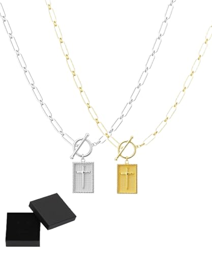 Cross Pendant Paperclip Chain Necklace, 14k Gold & Silver Plated - Chunky Cross Necklace Toggle Clasp Paperclip Chain, Dainty Charm Necklace, Waterproof&sweat-Resistant