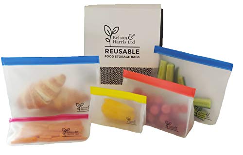 5-Pack-Different Sizes Quality Heavy-Duty Reusable Bags Leak-proof BPA-Free Strong Extra-Thick PEVA Material Freezer Storage Lunch bags Sandwich Bags Hobbies Stationary Make-up