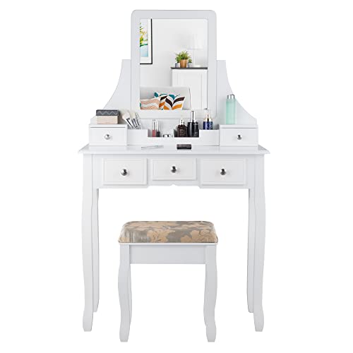 COSTWAY Vanity Desk Set with Mirror, Vanity Desk and Cushioned Stool Set with 5 Storage Drawers, Makeup Dressing Table for Bedroom Women Girls (White)