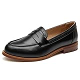 BEAU TODAY Womens Loafers, Leather Penny Loafers for Women, Comfortable Slip-on Loafers Shoes for Women Flats Shoes, Business Casual Office Work Dressy Shoes Black US 7