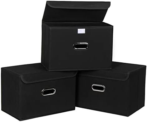 SEVENDOME Fabric Foldable Collapsible Storage Cube Bin Organizer Basket with Lid, Handles, Removable Divider for Home, Closet (Black, 3Pcs)