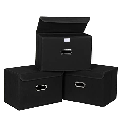 SEVENDOME Linen Fabric Foldable Collapsible Storage Cube Bin Organizer Basket with Lid, Leather Handles, Removable Divider for Home, Closet (Black, 3Pcs)