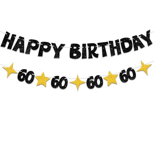 JNXCYQ Happy 60th Birthday Banner for 60th Birthday Party Decorations Supplies Glitter Black Gold Happy 60th Birthday Decorations for Men Women-60 th Bday Decor Sign for 60th Birthday Backdrop