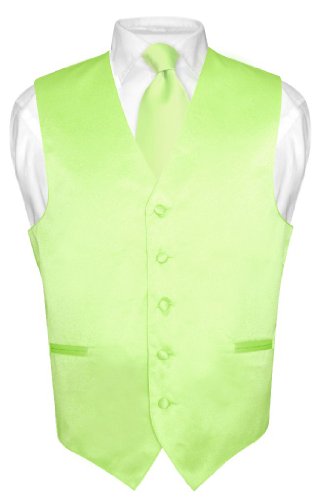 Men's Dress Vest & NeckTie Solid LIME GREEN Color Neck Tie Set for Suit or Tux