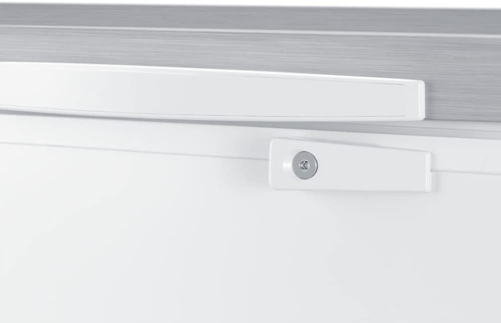 Summit Appliance SCFM73SL Commercially listed 6.7 cu.ft. Chest Freezer in White with Stainless Steel Corner Guards, Manual Defrost, Stainless Steel Look Lid, Interior Light, and Lock on Fridge.com