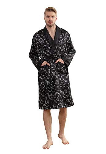 Westkun Saten Albornoz Kimono Con Bolsillos y Cinturones Japones Pijama Batas de Casa Largo por Novia Boda Regalos Lujoso Lencería Suave Comodo y Agradable M-3XL(Carta Negra,XL) Cover