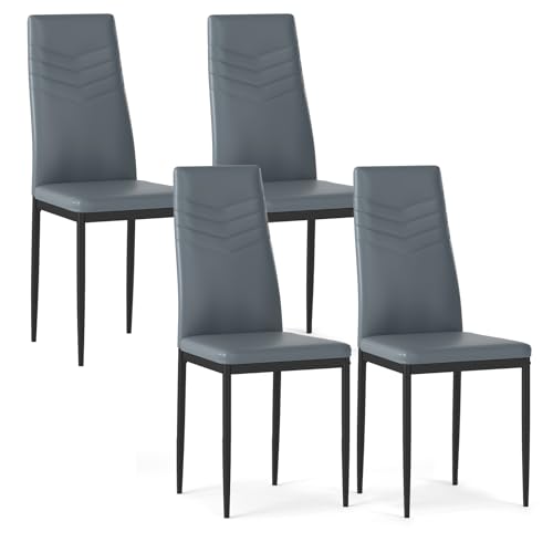 GiantexUK Dining Chairs Set of 4, Upholstered Kitchen Chairs with High Backrest, Metal Legs & Non-Slip Foot Pads, Breakfast Side Seating for Home Living Room (PVC, 40 x 47 x 98cm, Grey)