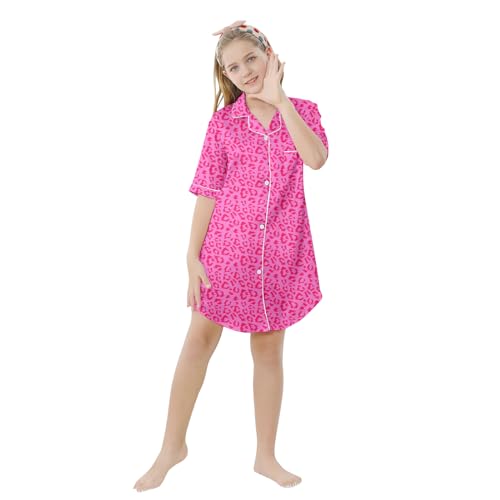 Image of Schbbbta Girls & Women Silk Nightgown, Short Sleeve Button Down Satin Nightshirt Pajama House Dress, 3 Years- Women 2XL