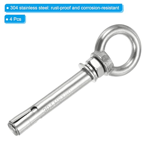 Image of PATIKIL Expansion Eye Bolt M8x80mm, 4 Pack 304 Stainless Steel Shoulder Anchors Eyebolt Screw with Eye Ring for Concrete Brick Walls Canopy Engineering Rigging Silver