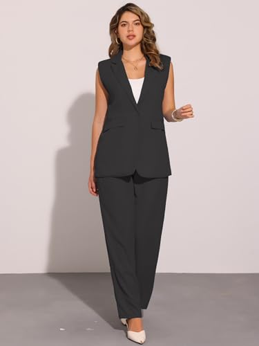 Allegra K Women's 2 Piece Set Business Casual Outfits Sleeveless Blazer and Wide Leg Dressy Pant Suits3