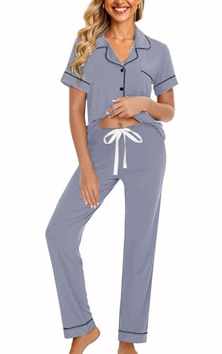 Image of WJing Yi Jia Womens Soft Pajamas Set XS-XXL Button Down Sleepwear Short Sleeves Pajama sets with Long Pants Pj Set Nightwear