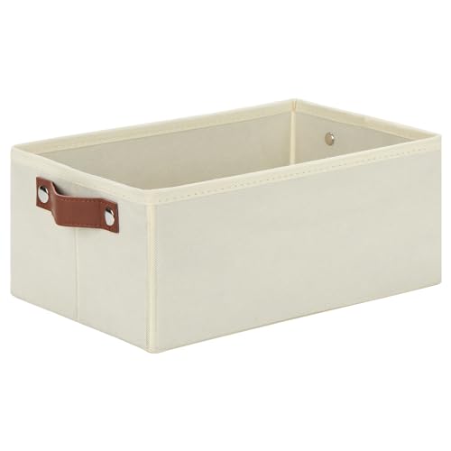 Image of DULLEMELO Storage Bin, Fabric Storage Bin with PU Handles, Decorative Storage Basket and Organizer Bins, Collapsible Storage Bins for Toy Storage, Clothes Organizer (Light Beige,11.8L*7.9W*5.1H)