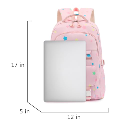 Image of RRTGNEI Kids High Middle School Backpack for Girls 5-12 Kawaii Travel Star Bookbag,Pink Star