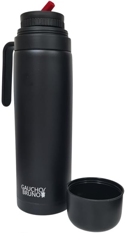 Yerba Mate Flask - Thermal Drink Container with Precision Pour Spout, Handle & Screw Lid - Insulated for Hot & Cold Beverage - Black Powder Coated Stainless Steel - 1 Litre Capacity