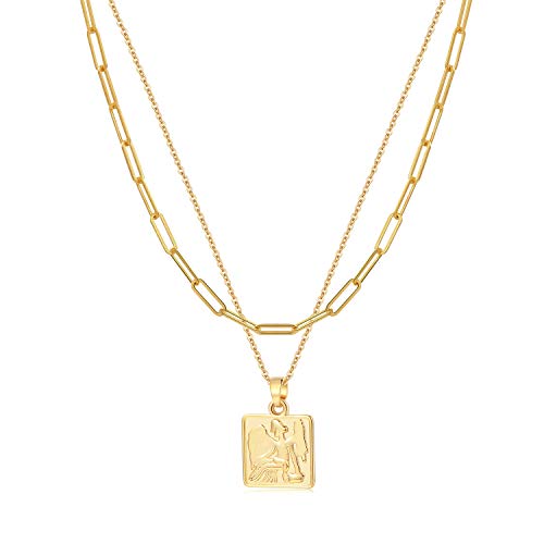 Forevereally Layered Square Coin Necklace Paperclip Choker Angel Medallion Pendant Necklace Personalized Jewelry Gift 14K Real Gold Plated for Women