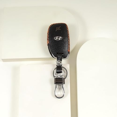 Image of Leather Smart Car Key Cover Case with Key Chain for Tucson, I-20 (2021), Creta, Venue, Elantra (Black)