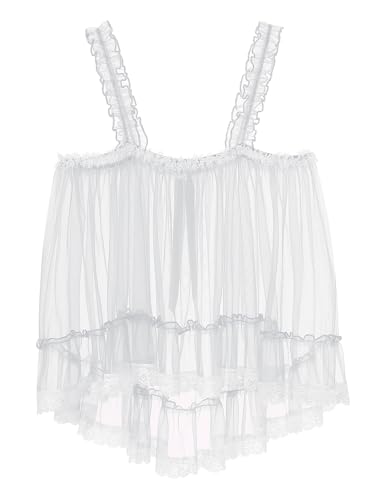 Sissy Mens Mesh See Through Lingerie Slip Top Lace Ruffle Sheer Crossdresser Nightwear4