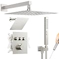 Thermostatic Shower System 12'' Wall Mounted Shower Faucet Set with 6 inches Wall Mounted Shower Head, Push Button Diverter 3 Function Dual Shower Head System with 2 in 1 Shower Handheld
