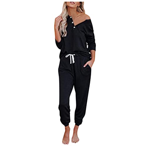Two Piece Outfits for Women Lounge Sets Button Down Tracksuits Sweatshirt Sweatpants Sweatsuits Set with Pockets (Black, L)