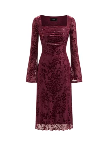 CIDER Womens Velvet Floral Long Sleeve Midi Dress Square Neck Elegant Party Dresses