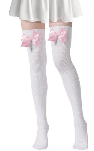 Women Thigh High Socks Extra Long Cute Knit Warm Thick Tall Long Boot Stockings Over the Knee Socks with Bow Leg Warmers