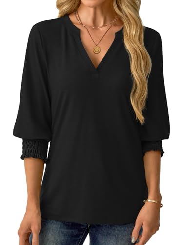 GKBK Womens 3/4 Sleeve Shirts V Neck Dressy Casual Spring Summer Blouses with Smocked Cuffs A- Black — view 4