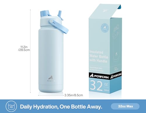 Image of POWCAN 32 oz Insulated Water Bottle with 2-in-1 Straw and Spout Lid, Keep Cold 24H, Leak-Proof, BPA-Free, Double Wall Stainless Steel Water Bottle for Sports, Gym, Travel, and School (Sea Breeze)