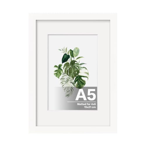 EGOFINE A5 Picture Frame Covered by Plexiglass Display Picture 4x6 with Mat or A5 without Mat for Table Top Display and Wall Mounting A5 Photo Frame White
