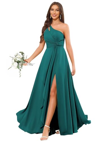 BANTRATIC One Shoulder Bridesmaid Dress Chiffon Ruffle Slit Maxi Wedding Guest Ruched Empire Waist Flowy Formal Evening Gown