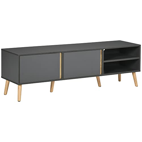 HOMCOM Meuble TV Banc TV pour télévision jusqu'à 55 Pouces Design scandinave 2 Portes 2 niches avec Passe-câbles 150 x 35 x 45 cm Gris foncé