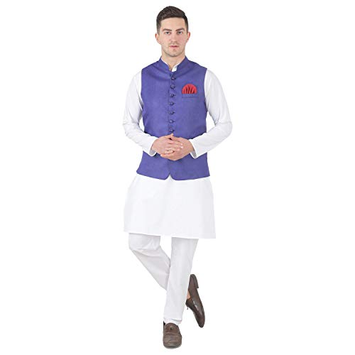 Image of TAHVO Men's Nehru Jacket /Waistcoat /Modi Jacket Cotton Fabric /Men 's 5 Button Nehru Jacket with Hanky Kurta Set
