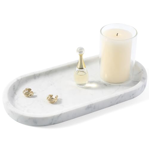 Image of Koville Natural White Marble Tray for Home Decor, 10 inch x 5 inch Marble Vanity Tray for Bathroom Countertop Organizer Stone Trays, Catchall Tray for Perfume, Candles, Jewelry (Bianco Carrara)