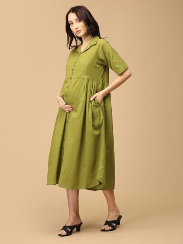 Image of The Mom Store Maternity & Nursing Midi Dress for Women | Pregnancy & Postpartum Wear | Cotton Flex Dress for New Mom | Trendy Stylish Comfortable Feeding Dress for Womens | Causal Office Formal Wear