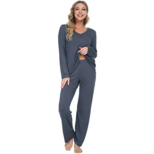 Mnemo Pyjama pour Femme Ensemble de Vêtements de Détente en Tricot Doux à col en V avec Ourlet Ondulé Exquis 2 Pièces de Vêtements de Nuit Confortables, Gris Foncé, L