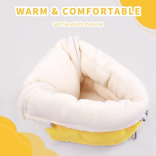 Image of Winter Warm Bird Bed for Cage with Soft Plush Hanging Hammock & Hut Tent, Hideaway Sleeping Nest for Budgies, Cockatiels, Small Animals, and Guinea Pig Hideouts (Yellow, S)